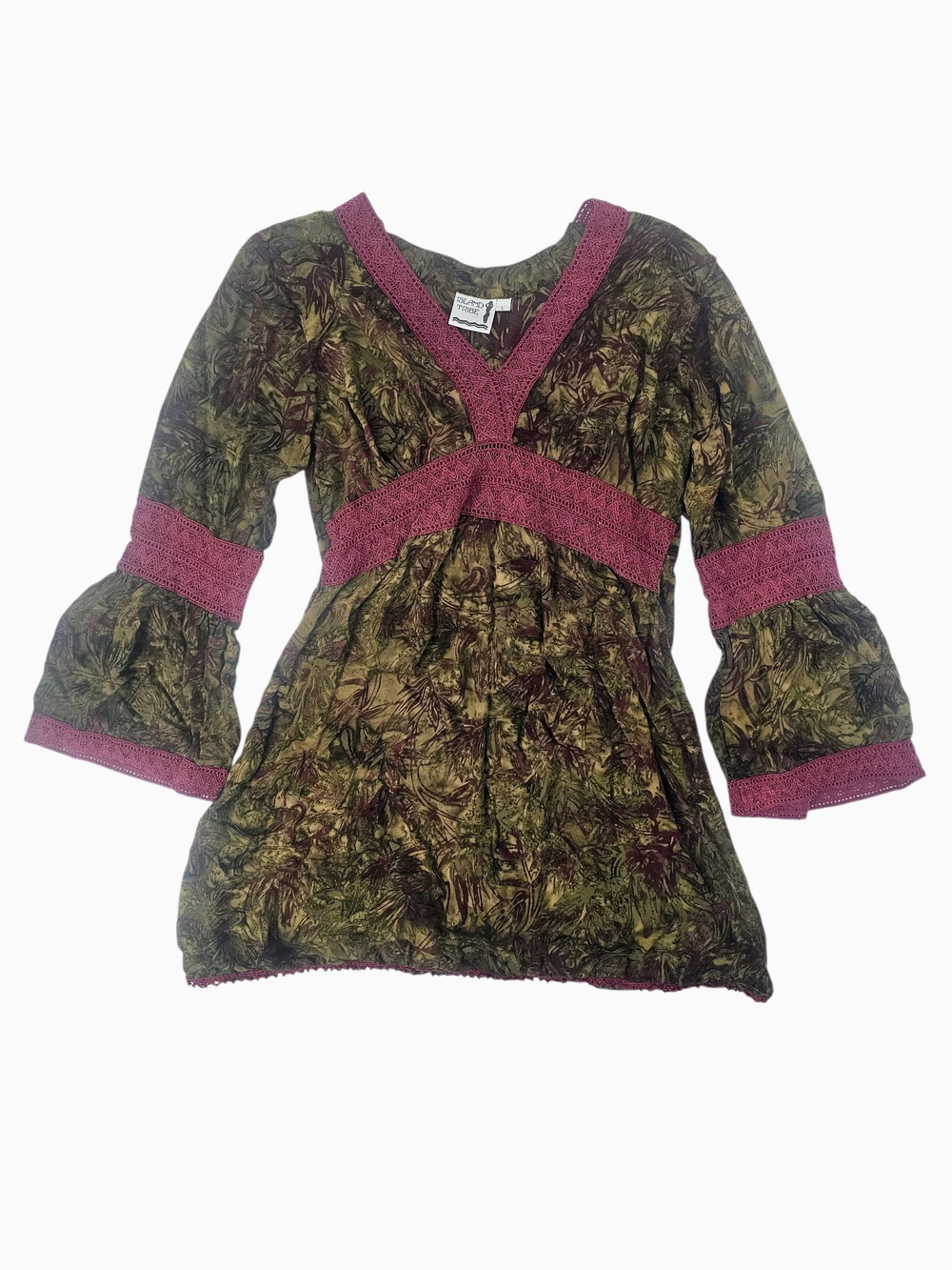 Island Tribe Handmade Bali Whimsigoth Boho Tunic Top Bell Sleeve Rayon Size L